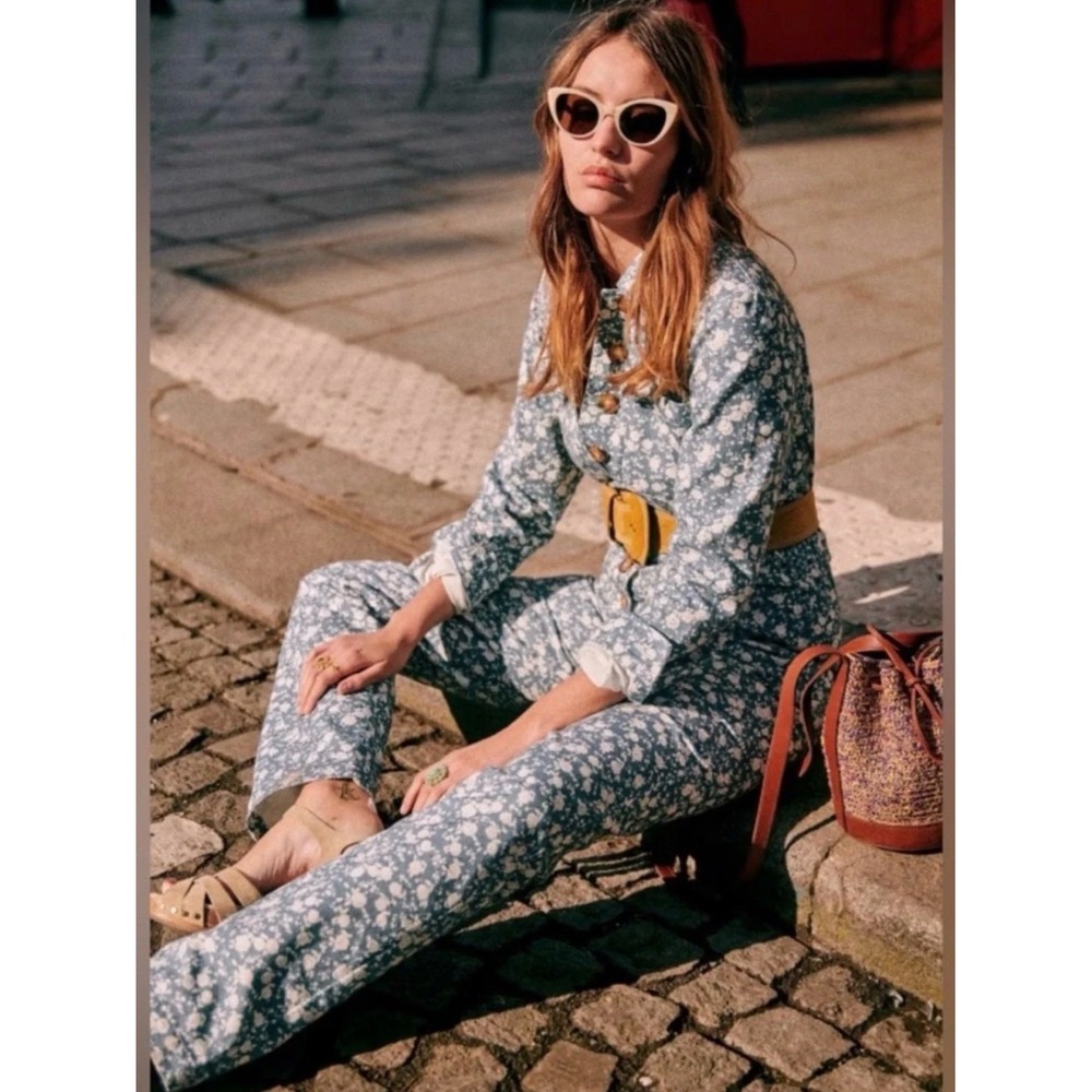 Sezane Michel Blue Floral Organic Cotton Denim Jumpsuit 6 Parisian Chic Clean
